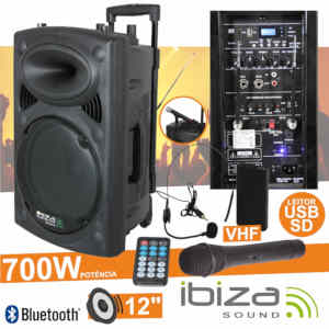 COLUNA ATIVA PORTATIL IBIZA PORT12VHF-BT 700W MP3/BT/VHF/Bat